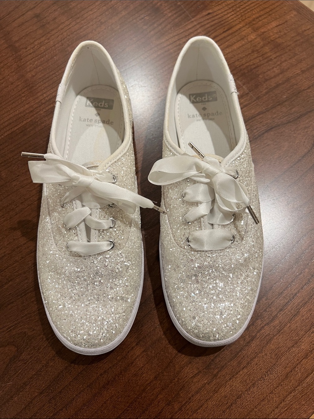 kate spade Glitter Ribbon Lace-Up Sneakers in White
